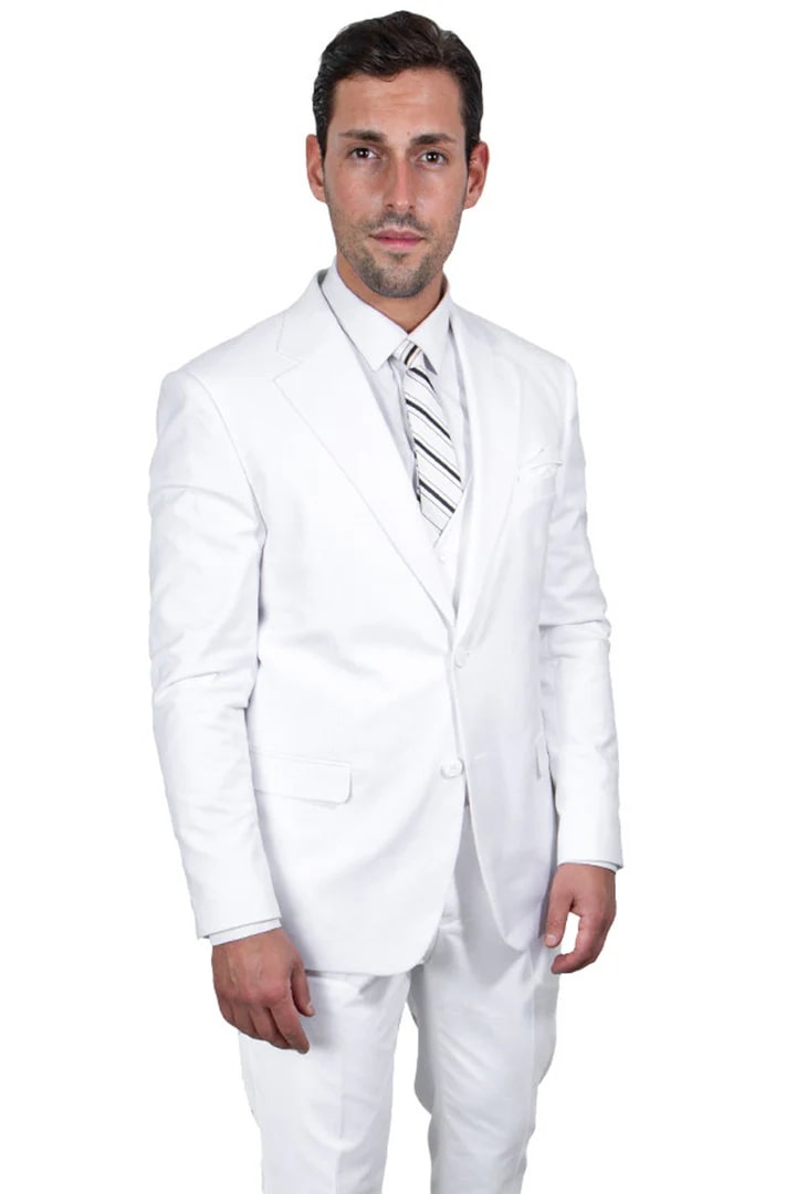 White Wedding Suit For Men - Perfect For Groom - Men's Two Button Vested Stacy Adams Basic Suit In White - Men's Tuxedo USA