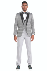 Mens Gray Tuxedo - Grey Wedding Suit-Mens Slim Fit One Button  Peak Lapel Tuxedo With Double Brested Vest In Silver Grey Plaid - Men's Tuxedo USA