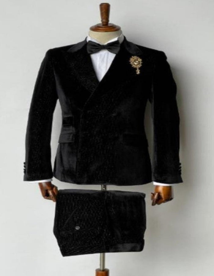 Men's Peak Lapel Double Breasted Velvet Black Tuxedo