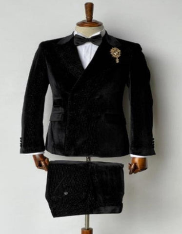 Mens Peak Label Double Breasted Velvet Black Tuxedo