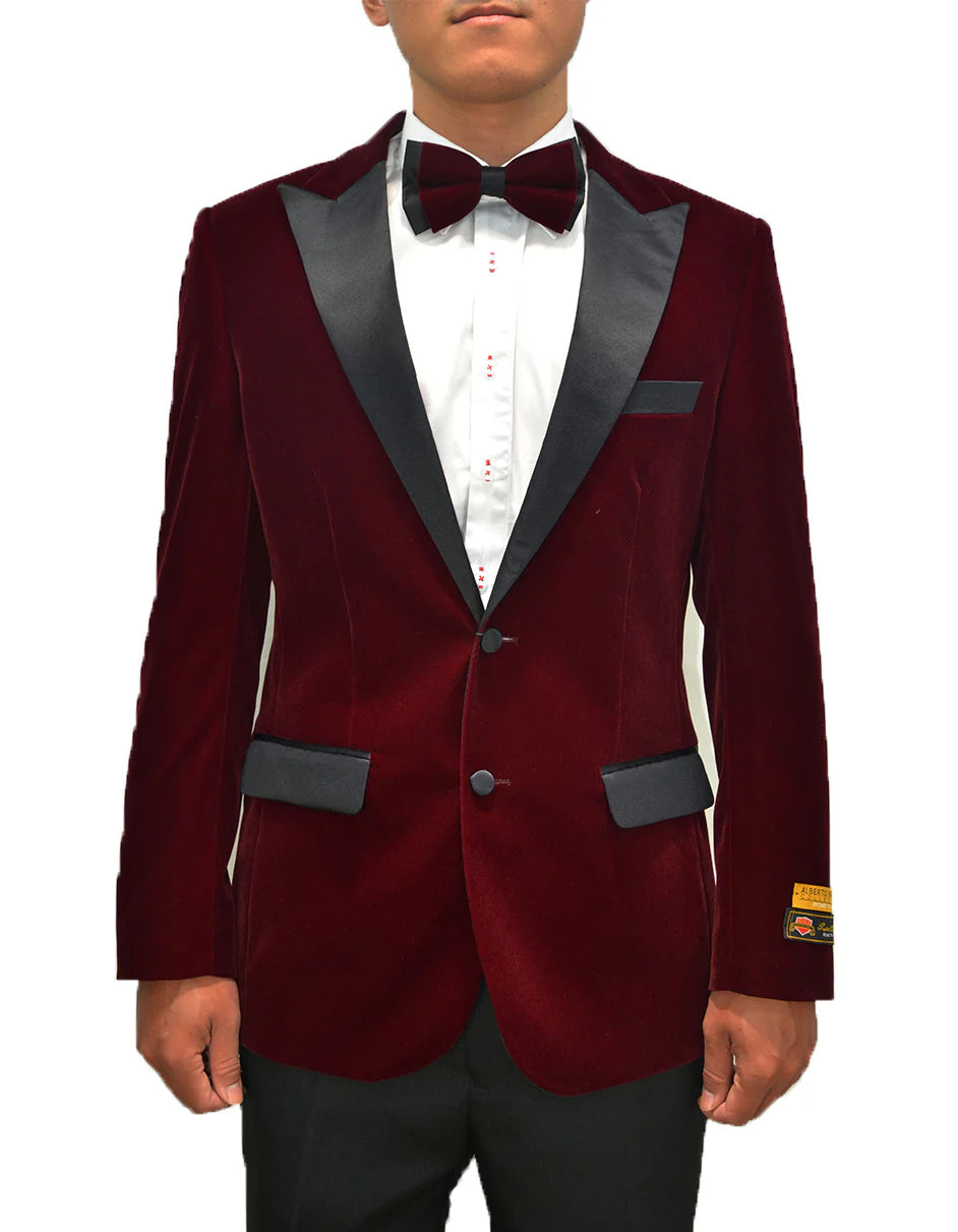 Mens Classic Velvet Fabric Tuxedo Dinner Jacket in Burgundy - Men's Tuxedo USA