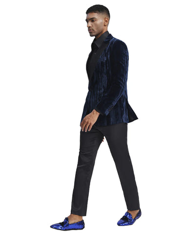 Mens Velvet Peak Lapel Smoking Jacket in Navy | Prom - Men's Tuxedo USA