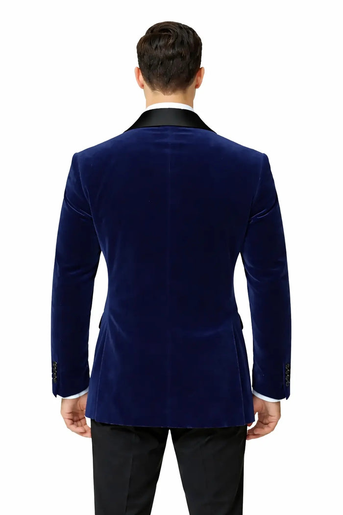Men’s Navy Blue Velvet Blazer – Elegant Shawl Collar Formal Dinner Jacket