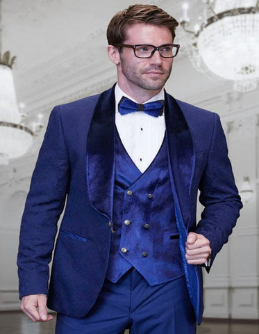 Blue Prom Suit - Blue Homecoming Outfits For Guys with Velvet Lapel and Vest in Sapphire Blue