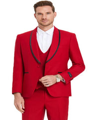 Mens One Button Vested Shawl Tuxedo in Red with Black Satin Trim