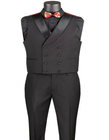 Mens Modern Fit Vested Shawl Tuxedo in Black with Red Satin Trim