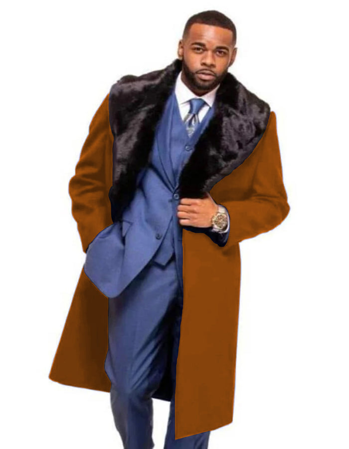 Men's Dark Navy Blue Wool Overcoat with Fur Collar, Winter Coat for Male