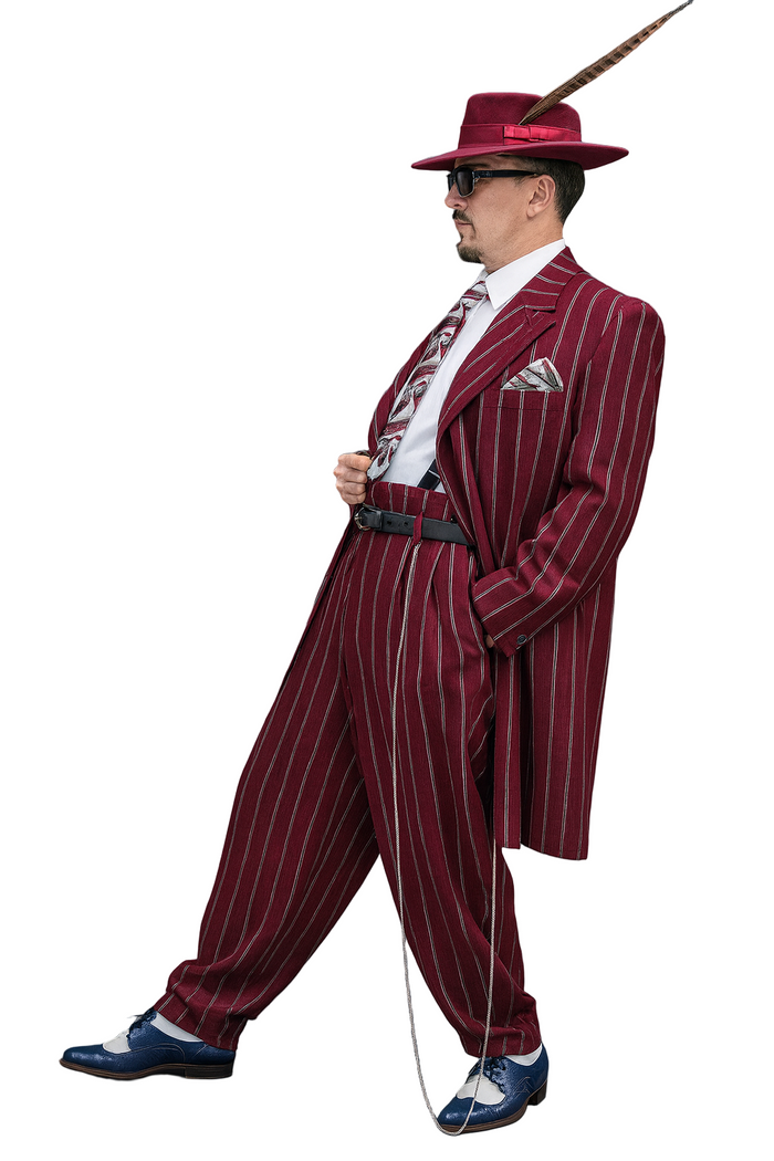 Burgundy Pinstripe Zoot Suit  3 Piece 1920s/1930s Gangster Outfit (Jacket and Pants and Vest) Vintage Fashion