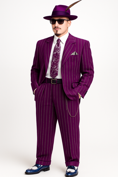 Burgundy Pinstripe Zoot Suit – 3 Piece 1920s/1930s Gangster Outfit (Jacket and Pants and Vest)  Vintage Fashion