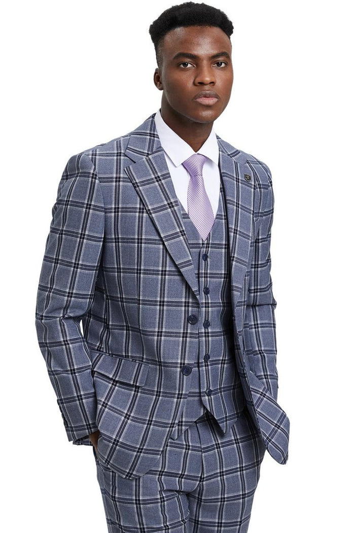 Men's Stacy Adams Two Button Vested Glen Plaid Check Suit in Grey