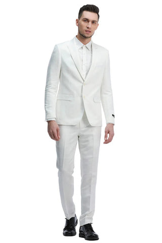 Men's Two Button Peak Lapel Summer Linen Style Beach Wedding Suit in White