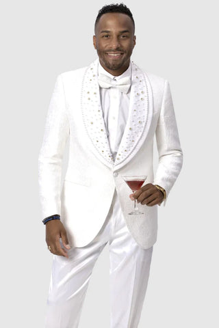 All White Mens Tuxedo -  Wedding Suit - Mens Paisley Lace Style Prom Tuxedo Dinner Jacket With Diamond Lapel In White - Men's Tuxedo USA