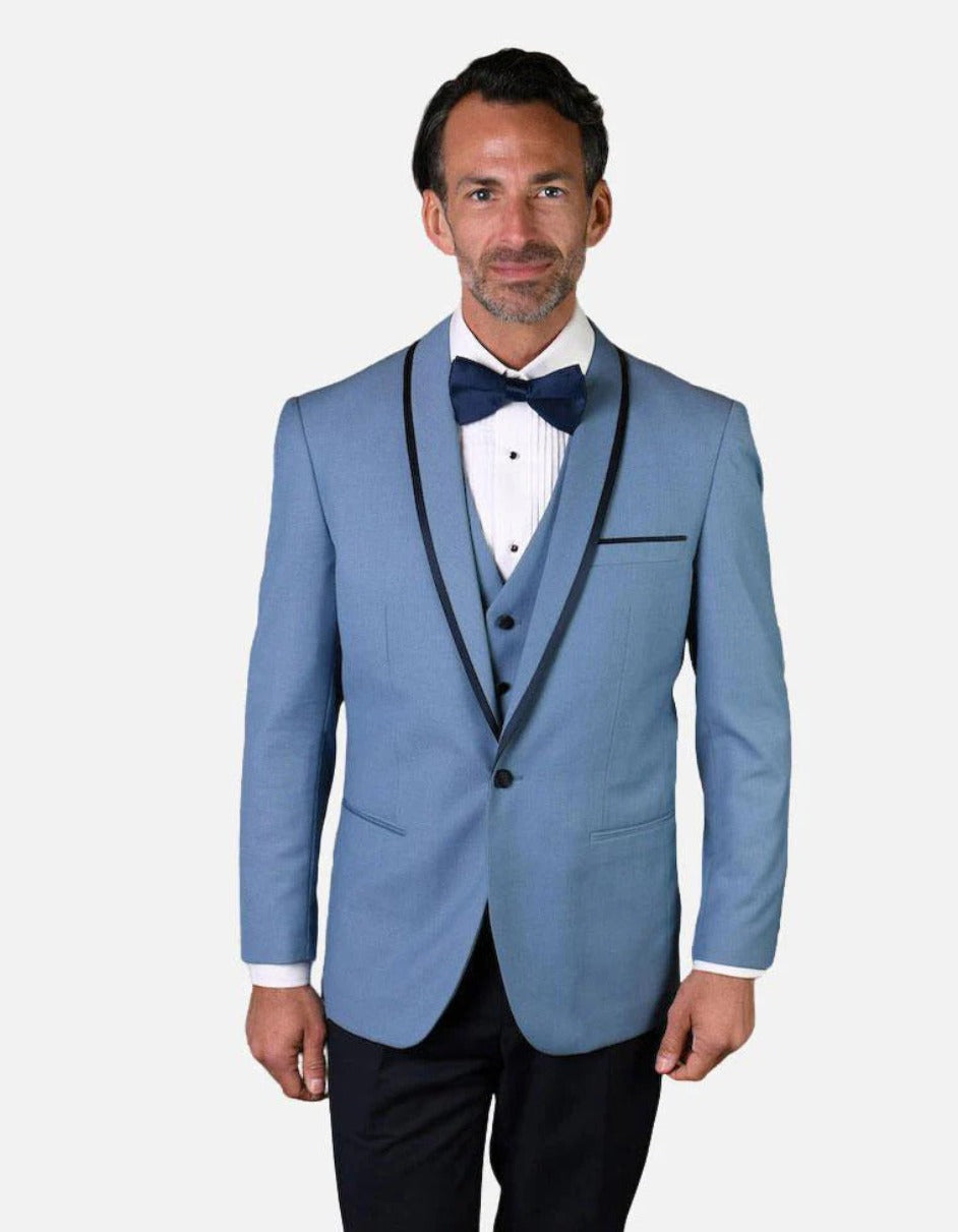 Statement Men's Steel Blue Vested with Black Trim Fine Lapel 100% Wool Tuxedo - Men's Tuxedo USA