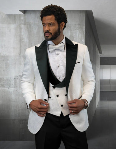 Statement Men's White with Black Peak Lapels Vested Tuxedo with Bow Tie