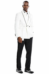 Men's Slim Fit Double Breasted Smoking Jacket Prom Wedding Tuxedo in White Paisley - Men's Tuxedo USA