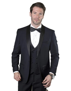 Statement Men's Navy Shawl Lapel 100% Wool Vested Tuxedo - Men's Tuxedo USA