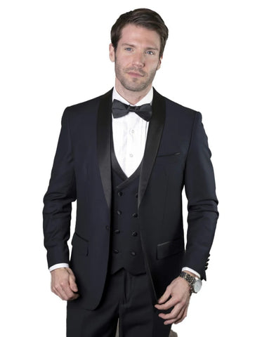 Statement Men's Navy Shawl Lapel 100% Wool Vested Tuxedo