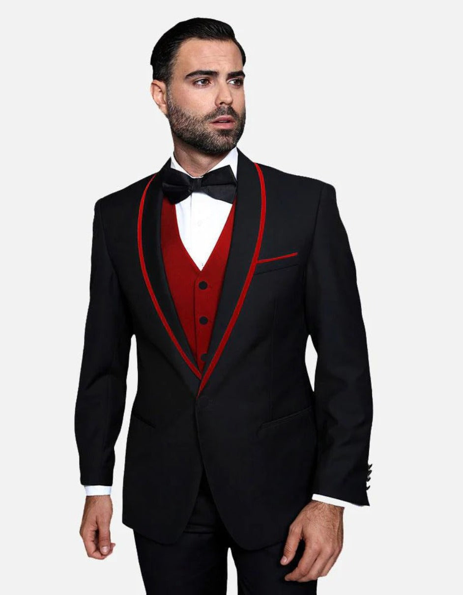 Statement Men's Black with Red Lapel Vested 100% Wool Tuxedo - Men's Tuxedo USA