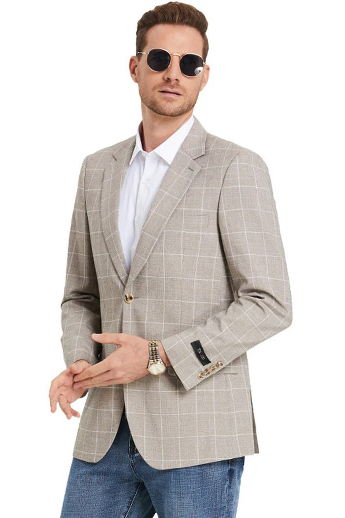 Men’s Light Tan Windowpane Plaid Western Blazer, Cowboy Sport Coat for Business Casual and Summer Events