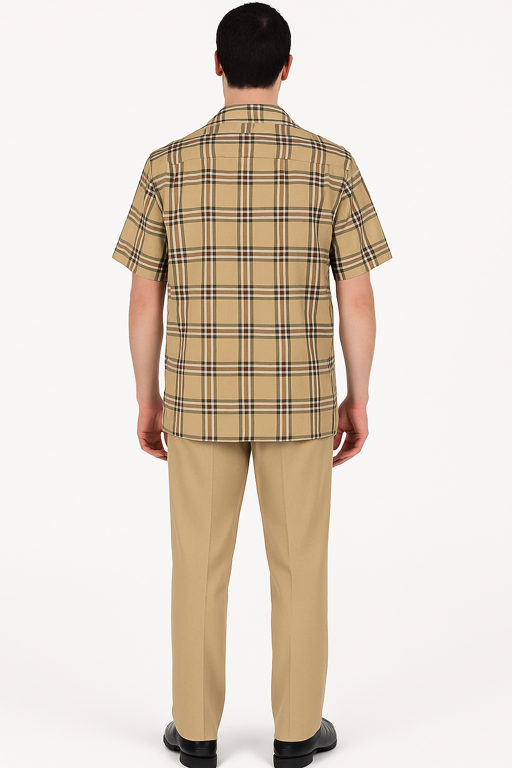Classic Beige Plaid Short Sleeve Button-Up Shirt for Men