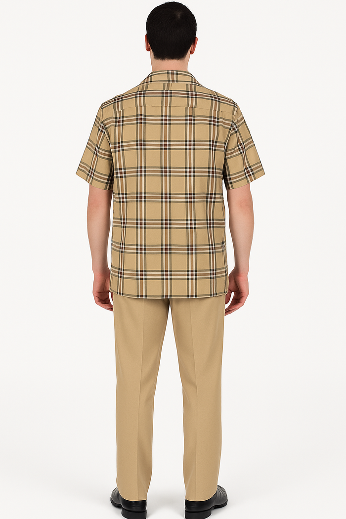 Classic Beige Plaid Short Sleeve Button-Up Shirt for Men