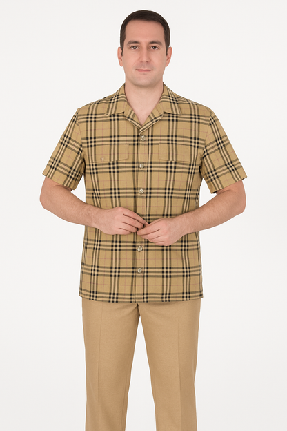Classic Beige Plaid Short Sleeve Button-Up Shirt for Men