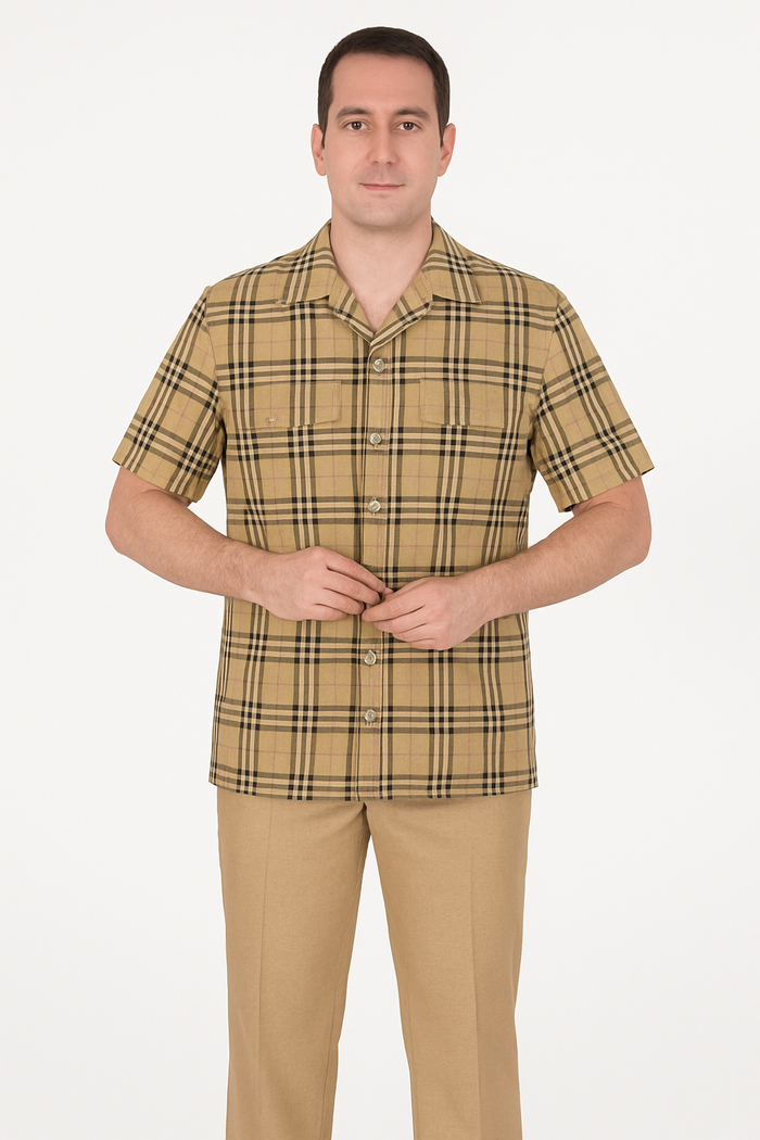 Classic Beige Plaid Short Sleeve Button-Up Shirt for Men