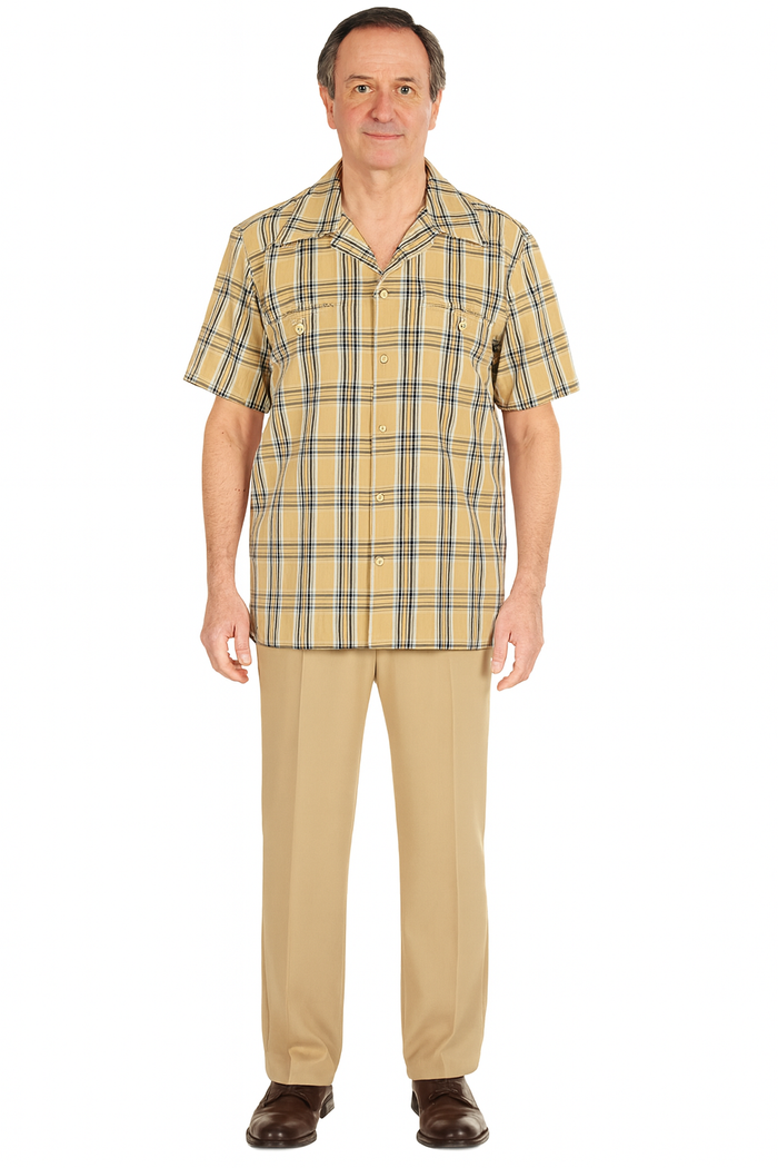 Classic Beige Plaid Short Sleeve Button-Up Shirt for Men
