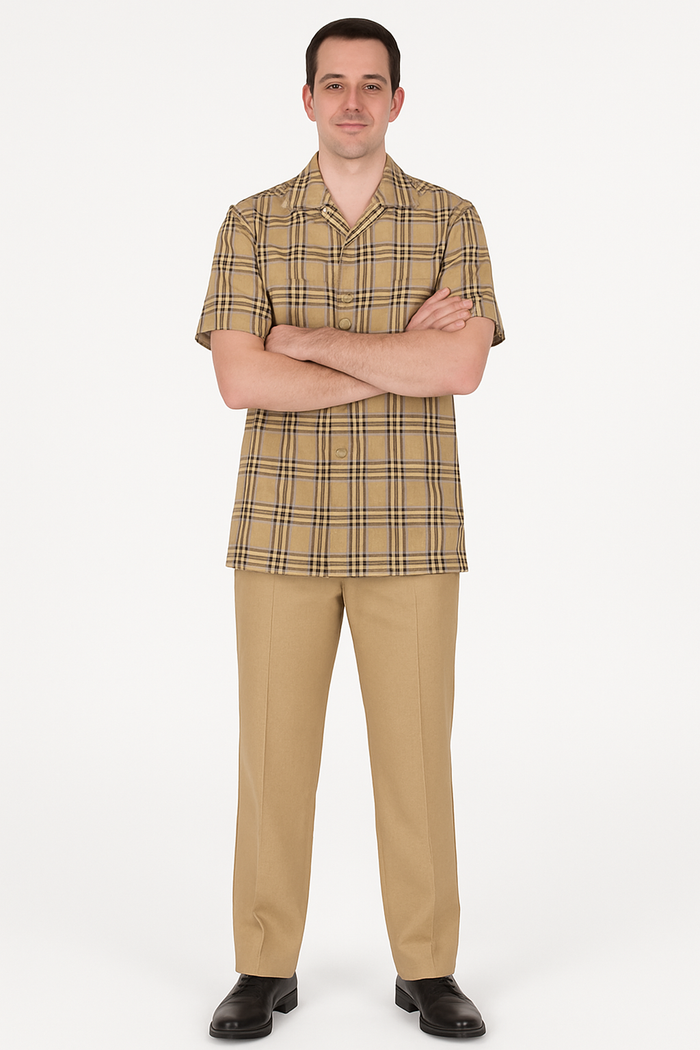 Classic Beige Plaid Short Sleeve Button-Up Shirt for Men