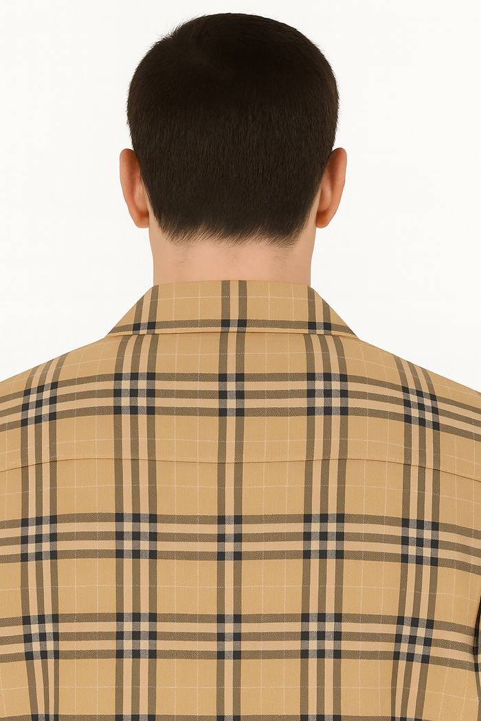 Classic Beige Plaid Short Sleeve Button-Up Shirt for Men