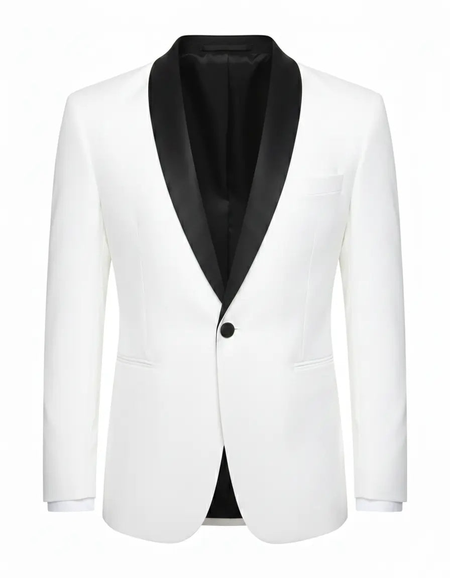 Men’s Ivory White Blazer with Black Shawl Collar – Elegant Contrast Formal Jacket