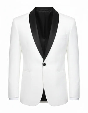 Men’s Ivory White Blazer with Black Shawl Collar – Elegant Contrast Formal Jacket