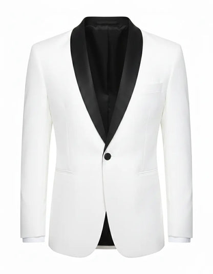 Men’s Ivory White Blazer with Black Shawl Collar – Elegant Contrast Formal Jacket
