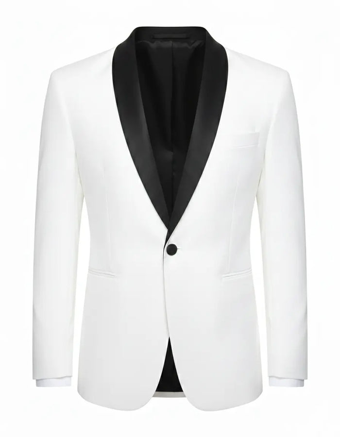Men’s Ivory White Blazer with Black Shawl Collar – Elegant Contrast Formal Jacket