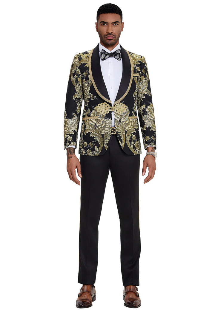 Mens One Button Shawl Lapel Wedding Prom Tuxedo in Shiny Black Paisley