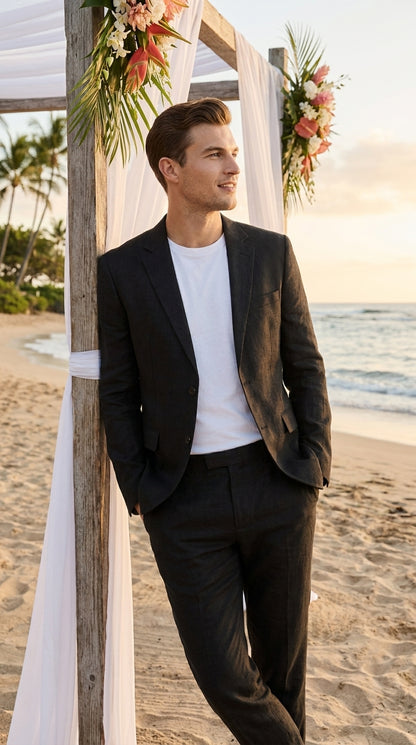 Men’s Black 2-Piece Linen Suit – Lightweight Wedding, Beach and Summer Formal Suit