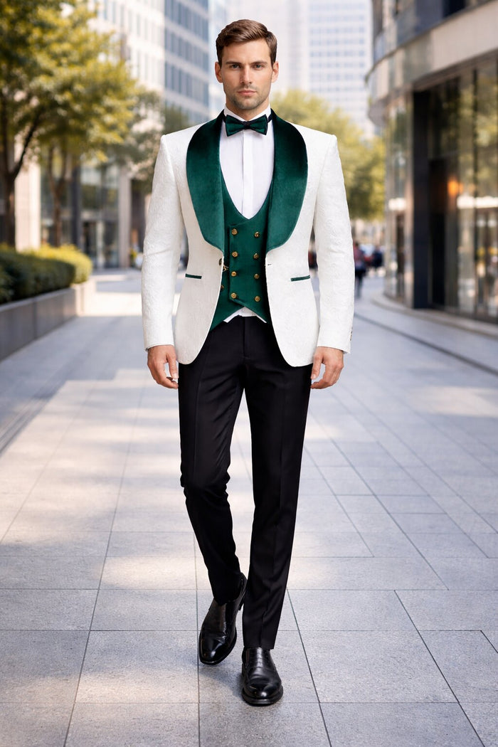 Mens Groom Wedding Shawl Collar - Paisley Green Velvet 4pc Suit W/ Matching Bowtie