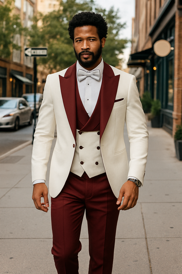 Hilton White & Burgundy Paisley Peak Lapel Tuxedo Jacket with Matching Shawl Vest & Wool Pants  Includes Bow Tie