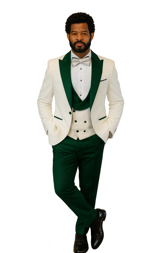 Hilton White and Hunter Green Paisley Peak Lapel Tuxedo Jacket with Matching Shawl Vest and Wool Pants  Includes Bow Tie