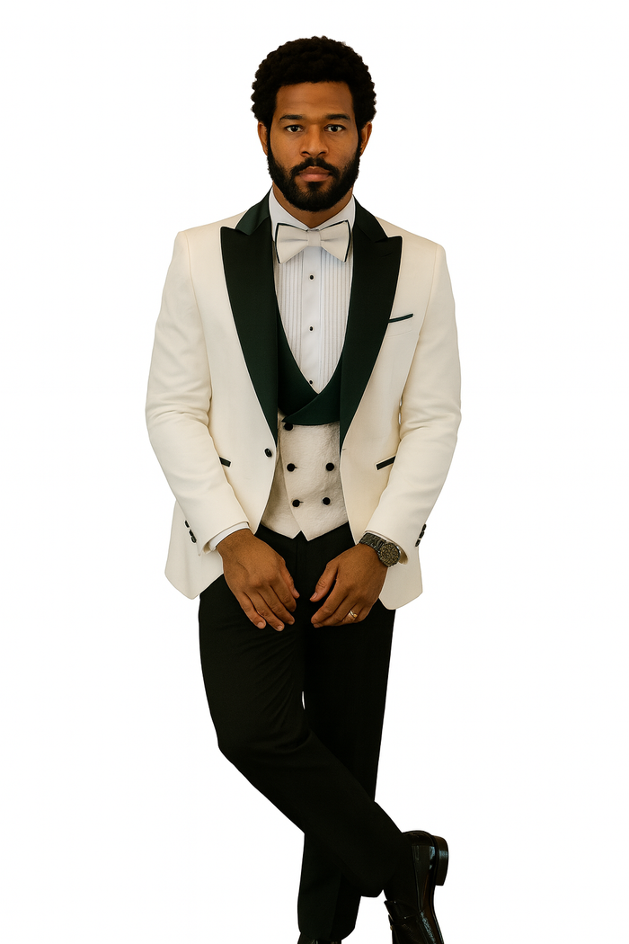 Hilton White and Black Paisley Peak Lapel Tuxedo Jacket with Matching Shawl Vest and Wool Pants  Includes Bow Tie