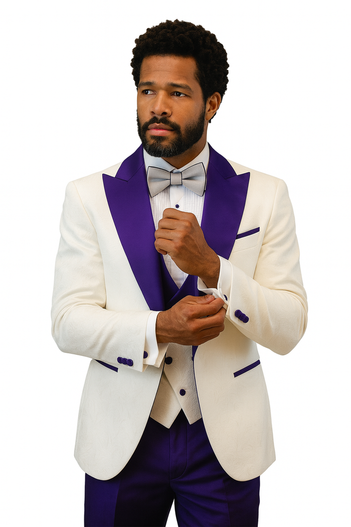 Hilton White and Purple Paisley Peak Lapel Tuxedo Jacket with Matching Shawl Vest and Wool Pants  Includes Bow Tie