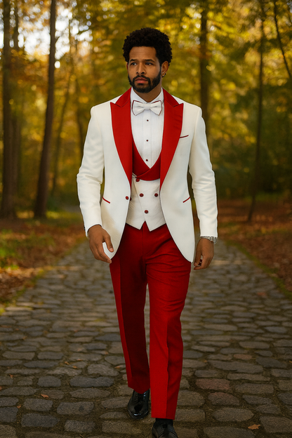 Hilton White and Red Paisley Peak Lapel Tuxedo Jacket with Matching Shawl Vest and Wool Pants  Includes Bow Tie