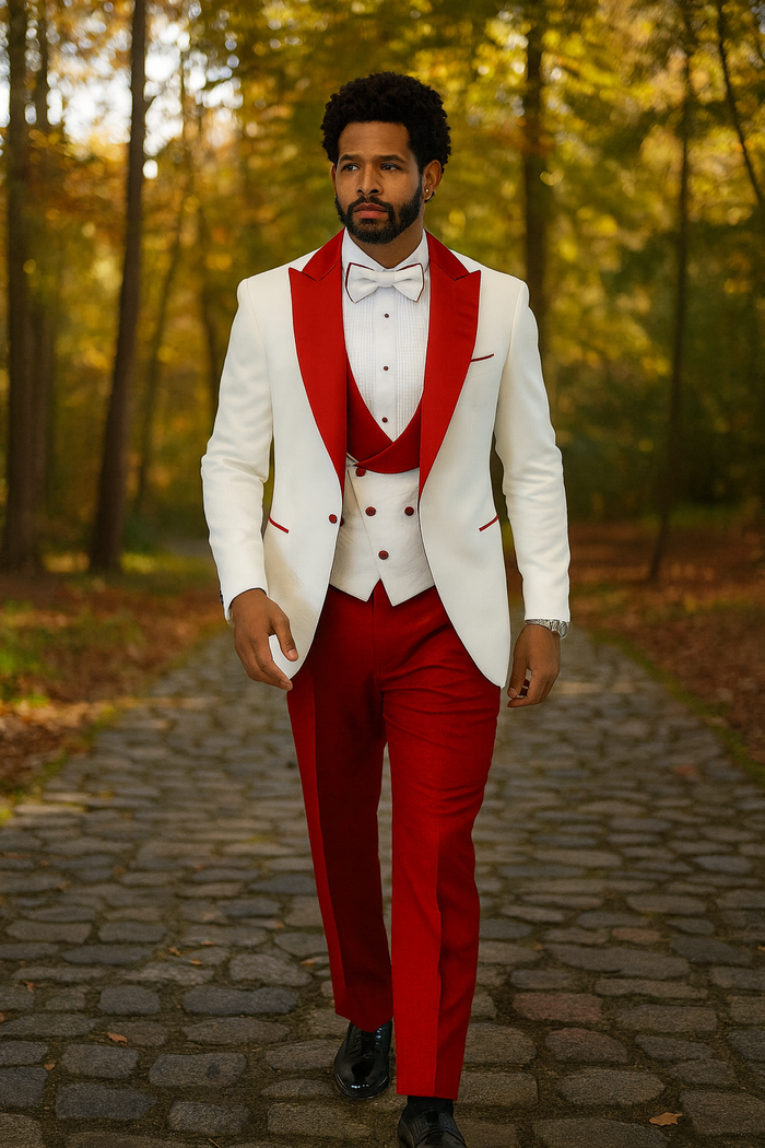 Hilton White and Red Paisley Peak Lapel Tuxedo Jacket with Matching Shawl Vest and Wool Pants  Includes Bow Tie