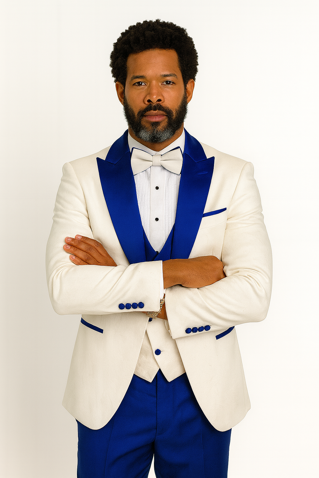 Hilton White and Royal Blue Paisley Peak Lapel Tuxedo Jacket with Matching Shawl Vest and Wool Pants  Includes Bow Tie