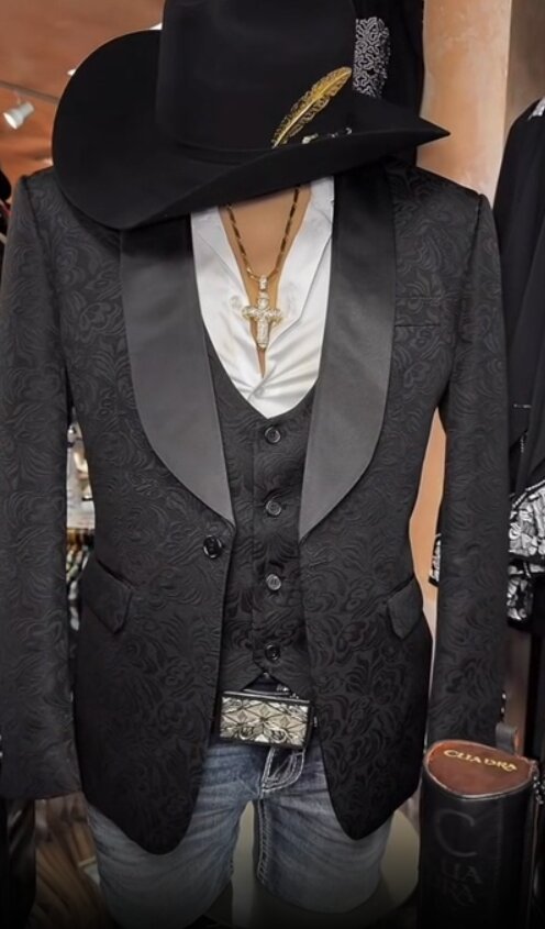 Men’s Black Paisley Jacquard Blazer with Satin Shawl Lapel, Western Formal Designer Jacket