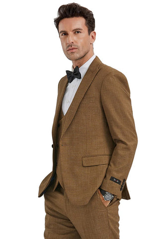 Men's Slim Fit One Button Peak Lapel Suit with Double Breasted Vest in Camel Sharkskin