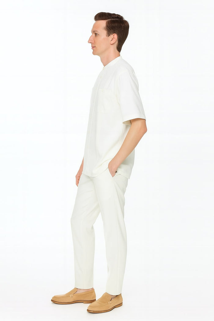Mens White Banded Collar Two-Piece Set  Short Sleeve Shirt and Pants Banded Collar Linen Fabric