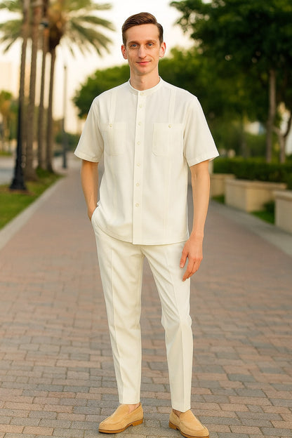 Mens White Banded Collar Two-Piece Set  Short Sleeve Shirt and Pants Banded Collar Linen Fabric