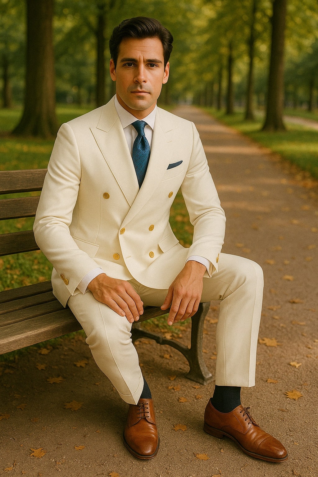 Mens White Double-Breasted Suit with Gold Buttons  Formal Slim Fit 2-Piece Set