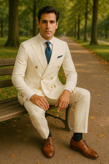 Mens White Double-Breasted Suit with Gold Buttons  Formal Slim Fit 2-Piece Set